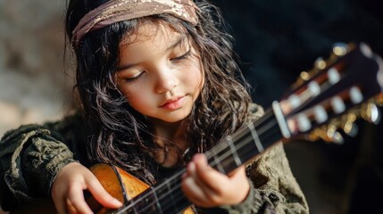 Fototapeta premium Girl Playing Acoustic Guitar Musical Talent Child Musician Music Lessons Creative Hob
