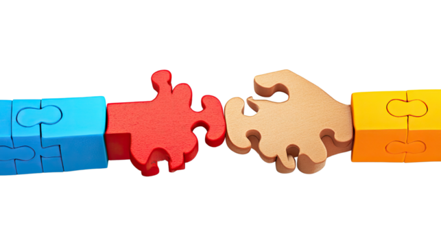 Puzzle of Unity: A symbolic representation of collaboration and agreement, showcasing two hands and colorful puzzle pieces fitting together seamlessly.  - Powered by Adobe