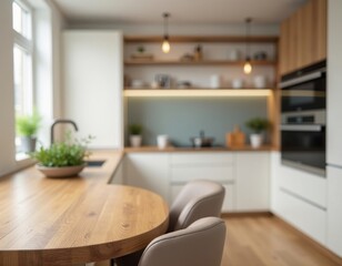 kitchen interior , sleek wooden countertop,  blurred background, minimalism 