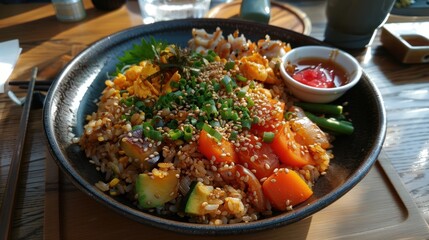 A fragrant plate of Japanese fried rice (Chahan), with soy-based seasoning and vegetables,