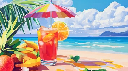 Obraz premium Refreshing tropical cocktail with a colorful umbrella and fresh fruit, perfect for a summer beach getaway. 