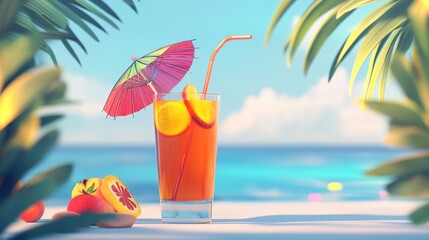 Chilled summer cocktail by the beach, garnished with fruit and a bright umbrella for a tropical vibe. 