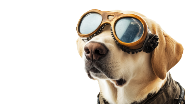 Canine Aviator: A charming golden Labrador dog, adorned with vintage aviator goggles, gazes with a determined look, as if ready for an adventure. The image evokes a sense of fun and curiosity.
