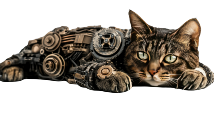 Steampunk Cat: A captivating image of a cat with mechanical parts fused seamlessly with its fur, embodies the fusion of nature and technology