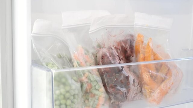 Cellophane zip bags with cut colorful vegetables in freezer close-up.
