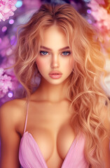 A beautiful woman in a pink dress, with a slim waist, against a soft purple background with bokeh lights. She has long hair, perfect makeup on her face and eyes, and a beautiful body.