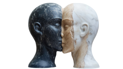 Sculptural Harmony: Two artful marble sculptures, one dark and one light, stand in a close embrace, symbolizing unity and balance with a hint of subtle contrast.