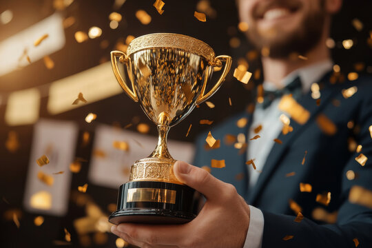 prestigious golden trophy is being handed over to smiling employee professional suit, surrounded by golden confetti award ceremony. elegant lighting enhances moment of achievement and recognition