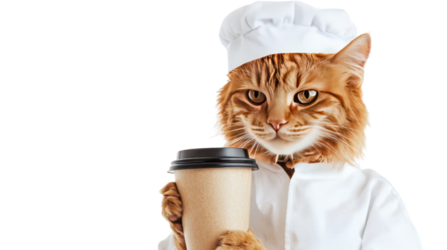 A Culinary Cat: An adorable ginger cat, dressed as a chef and holding a coffee cup, embodying the playful charm of culinary artistry. A unique concept that celebrates pets in creative roles.