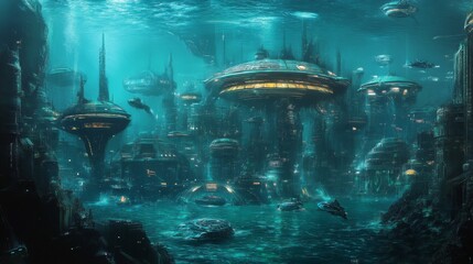 A submerged futuristic city glowing with alien-like underwater architecture.