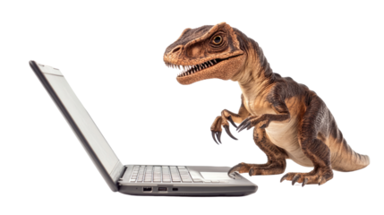 Dino-Tech: A raptor marvels at the computer, symbolizing technology's power to amaze and the blend of past and present. This image evokes wonder and the ever-evolving digital age.