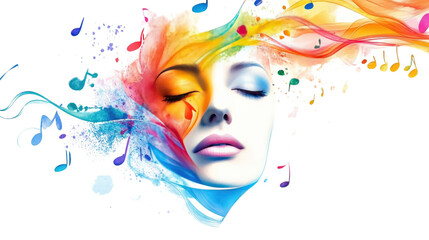 Harmonic Dreams: A woman's serene face is juxtaposed with a vibrant explosion of musical notes and colors, evoking a sense of artistic expression and the beauty of sound. 