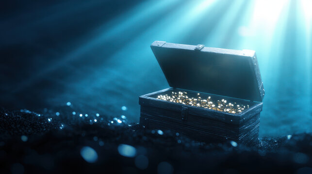hidden treasure chest at seabed, filled with sparkling gold coins, glimmers in light