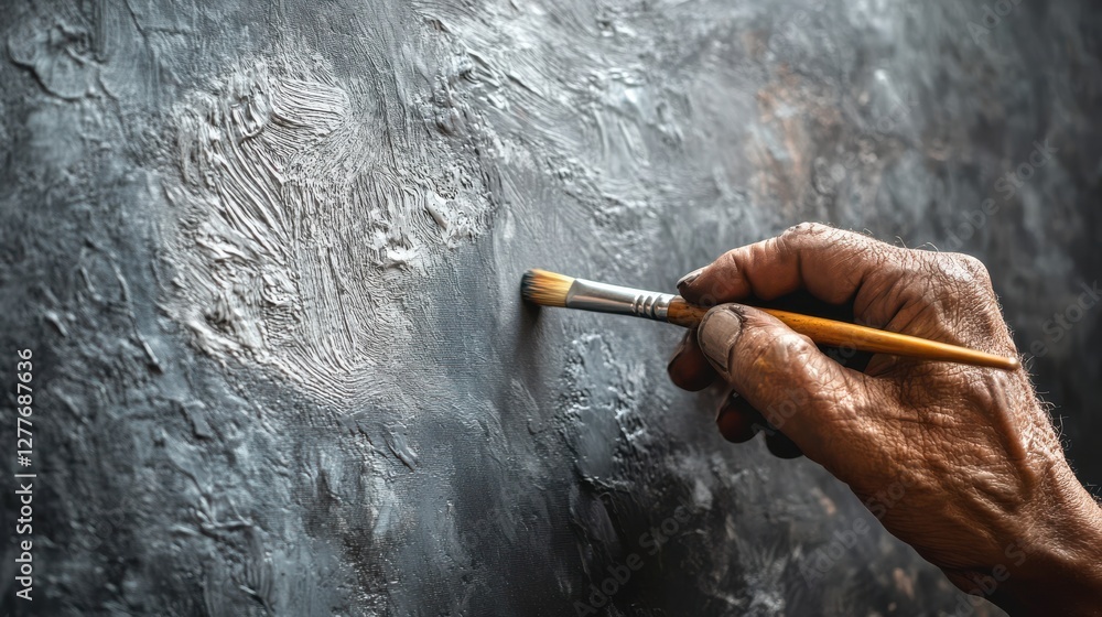 Poster hand holding paintbrush while creating texture on dark surface
