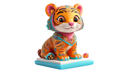 Vibrant decorative tiger statue in playful pose