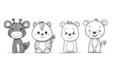 Obraz premium Cute cartoon animals sketch. Four adorable baby animals, giraffe, tiger, bear, and monkey, drawn in a childlike style.