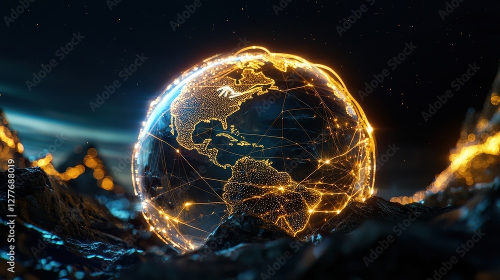 Poster connected globe illuminated with network lines