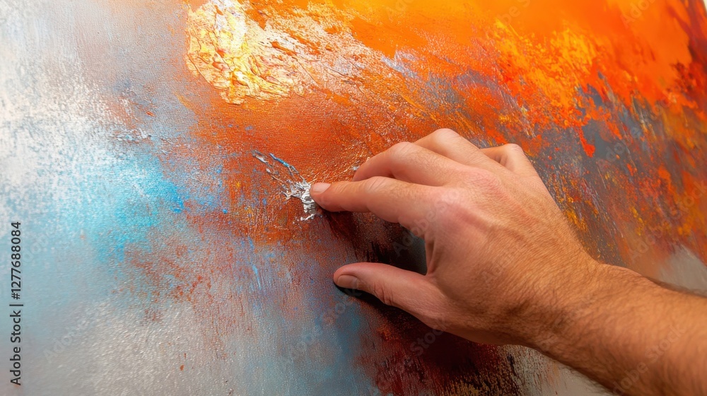 Poster hand touching vibrant abstract artwork with texture and colorful elements
