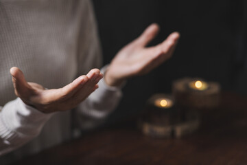 Person hands open palm up worship God helping repent catholic easter lent mind pray Christian religion.  prayer woman worship God in the morning with sunrise.