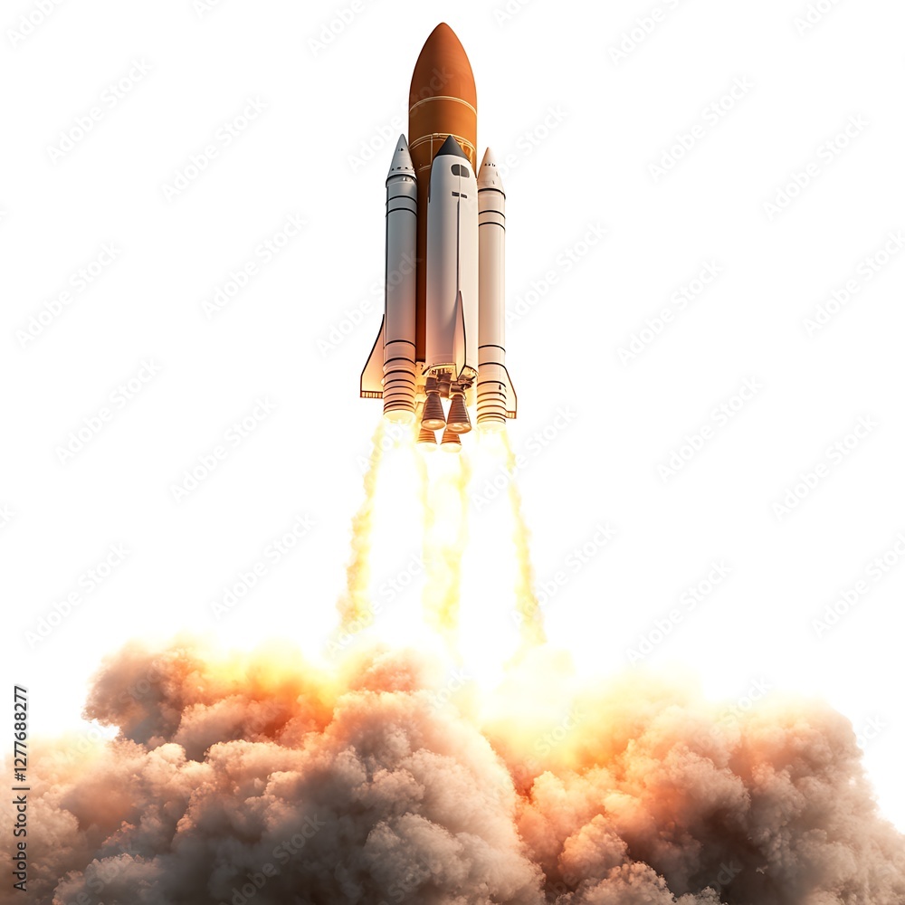 Poster rocket launch into space. isolated on white background