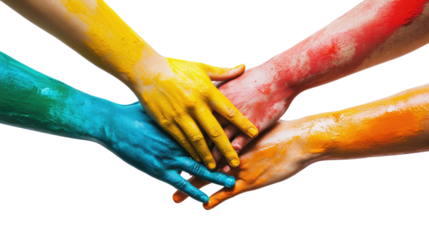 Unity in Color: A vibrant display of human connection, featuring hands painted in bold colors, forming a powerful symbol of collaboration, teamwork, and diversity.