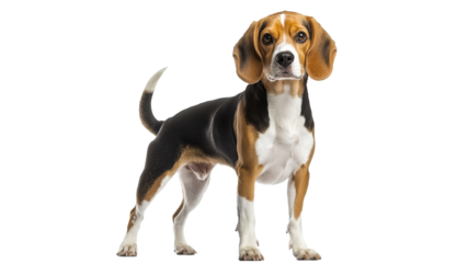 Beagle standing confidently on a white background
