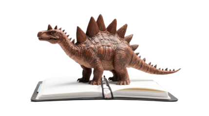 Dino's Book: A charming studio shot captures a stegosaurus perched upon an open book, combining prehistoric wonder with the joy of learning. The dinosaur model stands out against the blank pages.