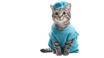 Purrfect Professional: A feline in scrubs, portraying a dedicated healthcare worker, gazes toward the viewer. This image suggests the crucial role of care.