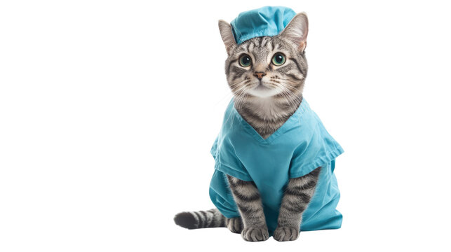 Purrfect Professional: A feline in scrubs, portraying a dedicated healthcare worker, gazes toward the viewer. This image suggests the crucial role of care.