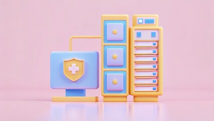 health info with medical privacy concept. 3D illustration of a colorful computer and server setup on a pink background.