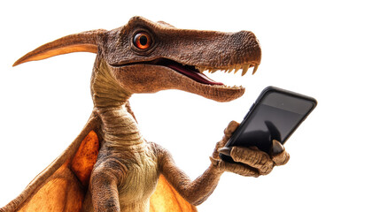 Obraz premium Dino-Tech: A whimsical pterodactyl-like dinosaur embraces modern technology, engrossed in a smart device. Capturing a fusion of prehistoric charm and the digital age, creating a fun, unexpected scene.