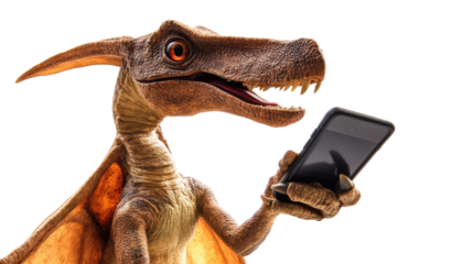 Dino-Tech: A whimsical pterodactyl-like dinosaur embraces modern technology, engrossed in a smart device. Capturing a fusion of prehistoric charm and the digital age, creating a fun, unexpected scene.