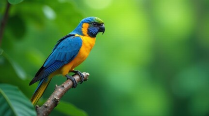 Obraz premium A vibrant blue and gold parrot perched on a branch, surrounded by lush green foliage, exhibits striking plumage and a captivating gaze.