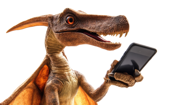 Dino-Tech: A whimsical pterodactyl-like dinosaur embraces modern technology, engrossed in a smart device. Capturing a fusion of prehistoric charm and the digital age, creating a fun, unexpected scene.