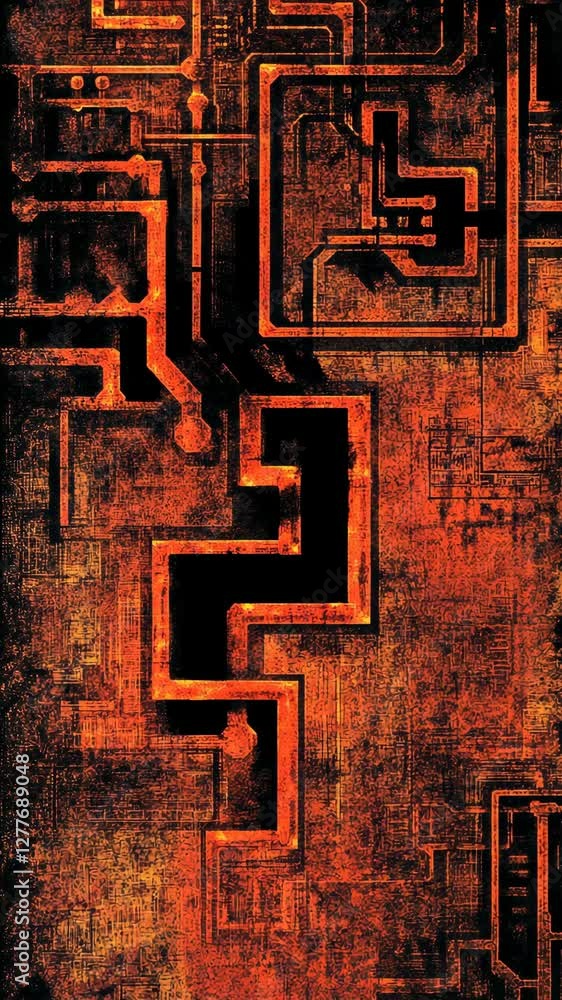 Aufkleber abstract design featuring intricate patterns in shades of orange and black with a tech-inspired back