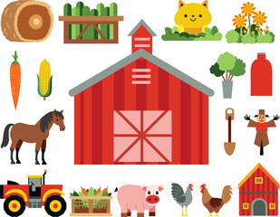 Vector Farm Elements Set of Hand Drawn Illustration. Rustic Agricultural Symbols and Tools.