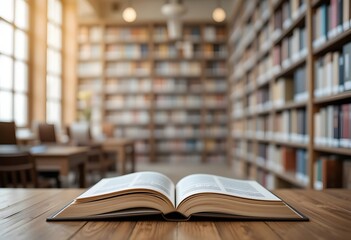 Fototapeta premium Blurry background of a library with tall bookshelves, focusing on an open book on a wooden table. 