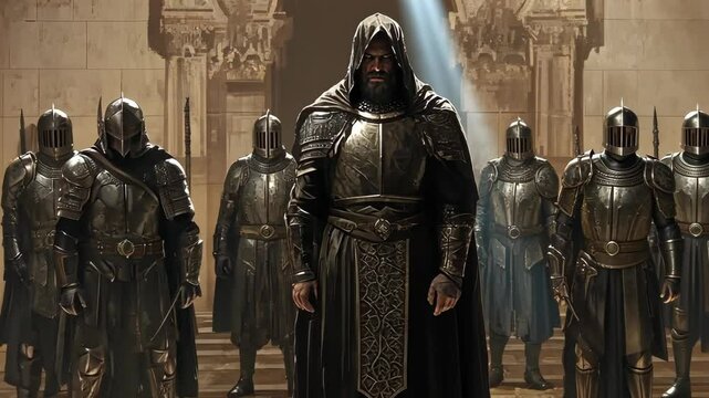 Mysterious figure stands at the forefront of armored warriors in an ancient setting with beams of light illuminating the scene