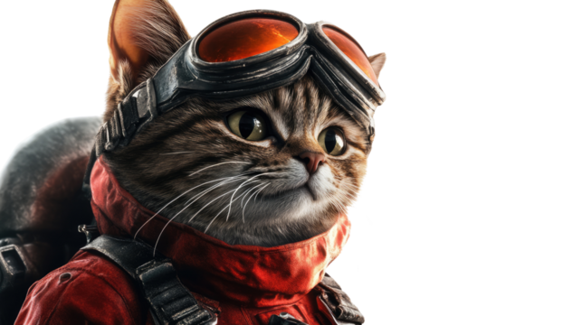 Fearless Feline Aviator: A courageous tabby cat, donned in pilot goggles and a flight suit, ready to soar through the skies