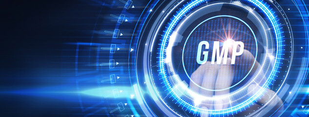 Good manufacturing practice certification quality control on virtual screen. GMP.