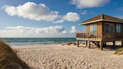 Obraz premium A cozy beach house nestled by the shore, offering a peaceful retreat from the hustle of city life. Surrounded by gentle waves and ocean breezes, it creates a perfect sanctuary for relaxation and solit