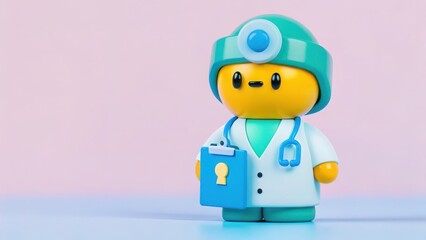 health info with medical privacy concept. Cute toy doctor figure in a lab coat, holding a clipboard against a pastel background.