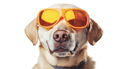 Cool Canine: A close-up shot of a labrador retriever wearing bright orange sunglasses, exuding a playful and relaxed vibe. 