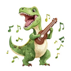 Naklejka premium Playful Dinosaur Playing Ukulele with Musical Notes