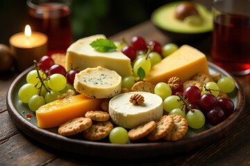 A delectable assortment of cheeses, complemented by sweet grapes and crisp crackers, arranged on a rustic platter for a sophisticated culinary experience.