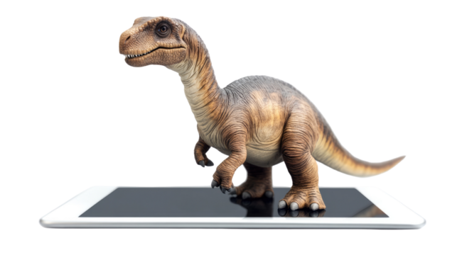Dinosaur on Tablet: A digital rendering of a realistic dinosaur interacts with a tablet, possibly representing augmented reality or virtual technology. 