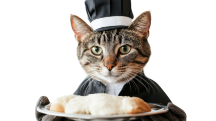 A Culinary Cat's Delight: A charming cat, elegantly dressed in a chef's attire, presents a platter of delectable treats, showcasing a blend of culinary arts and feline charm.