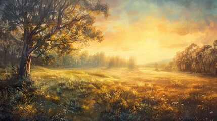 A magical moment of golden hour sunlight, casting soft and warm light over a serene landscape,