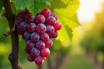Fototapeta premium A Lush Bunch of Red Grapes Hanging from a Vine Bathed in Warm Sunlight, Displaying Vibrant Colors and a Delicate Texture