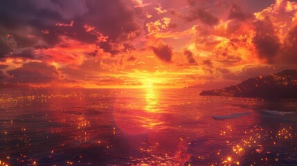 Fototapeta premium A magical sea at sunset, with fiery colors painting the water and sky,
